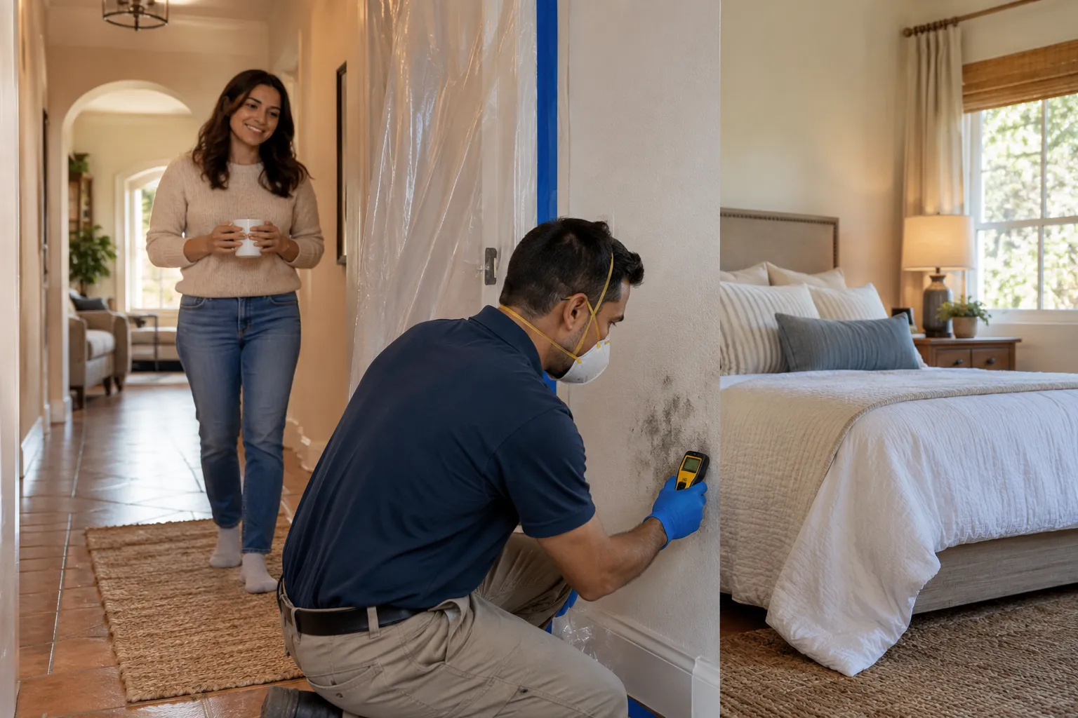 Friendly provider checking a damp wall for black mold in a family home near Glendora