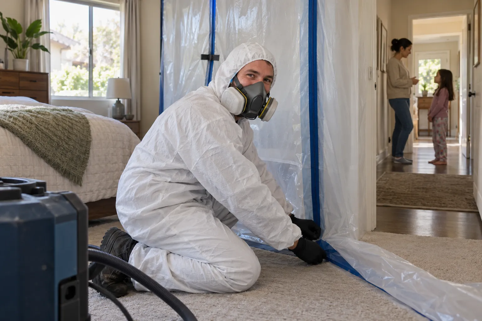 Friendly provider in protective gear checking a bedroom wall for mold while a family waits in the next room in a Glendora home